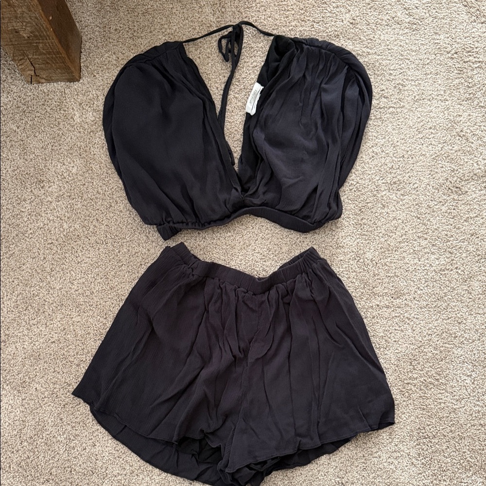 Black Two-Piece Halter Crop Top + Flow Shorts Set